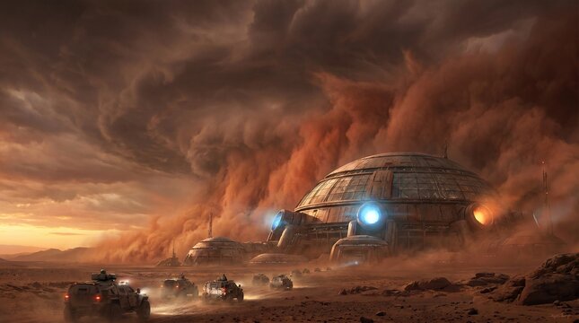 Apocalyptic Desert Storm With Futuristic Vehicle And Dramatic Dust Clouds