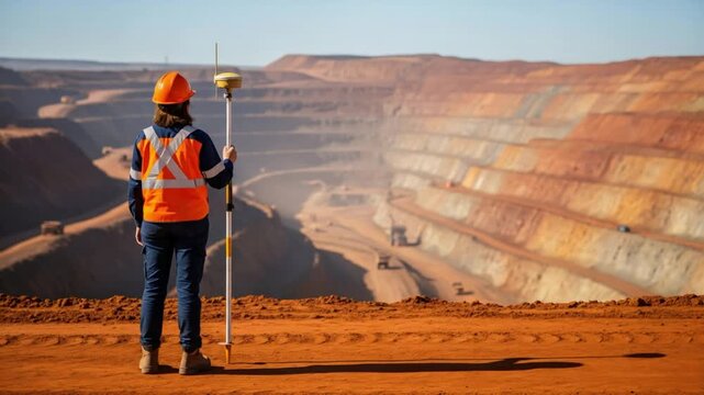 Female geotechnical engineer surveying a large open pit iron ore mine with GPS equipment