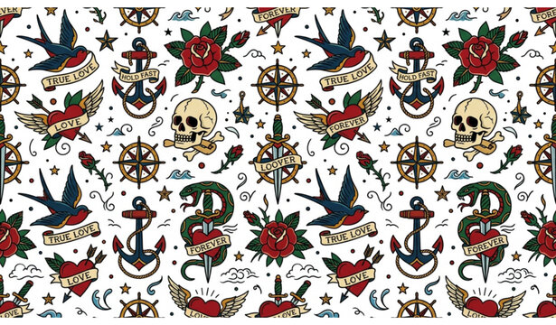 Old school tattoo seamless pattern pro vector with traditional vintage tattoo symbols