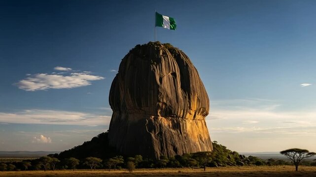 Massive Granite Monolith Rock Formation with National Flag on Top in African Savannah Landscape at Sunset