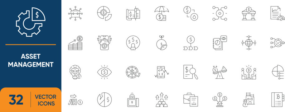 Asset Management Icon Set. Containing Allocation, Responsible, Lifecycle, Fixed, Asset, Digital, Register and more. Editable vector Line icons collection.