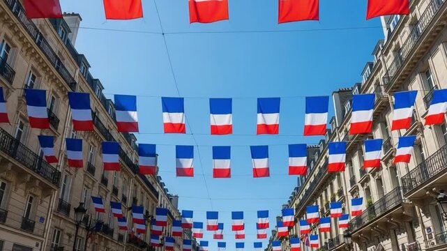 French flags hanging overhead on a city street for national celebration and patriotic urban decoration