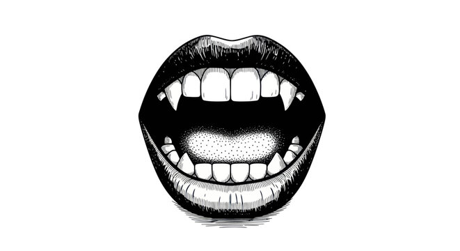 Sharp Fangs, Open Mouth, Vampire Smile, Horror Illustration, Dark Fantasy