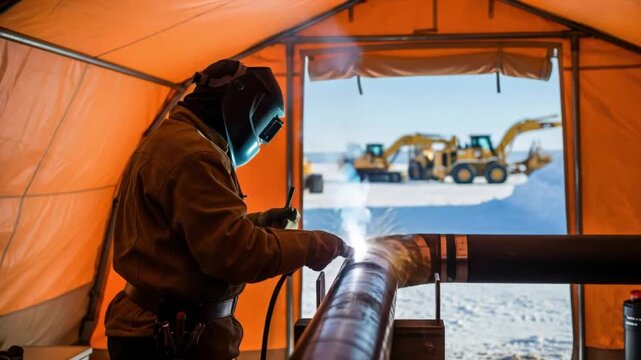 Industrial male welder joining steel pipes in extreme cold weather tent at arctic construction site