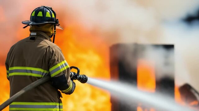 Male Firefighter in Protective Gear Extinguishing Controlled Burn During Training Exercise
