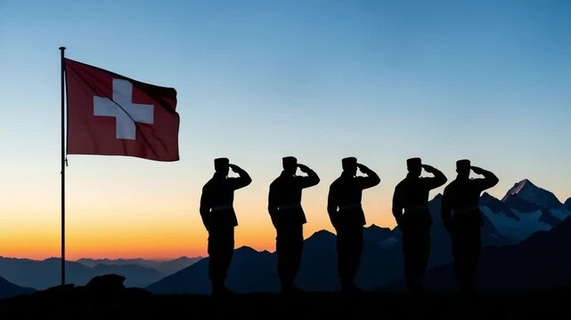 Silhouette of five male soldiers saluting in front of a national flag at sunset in the mountains