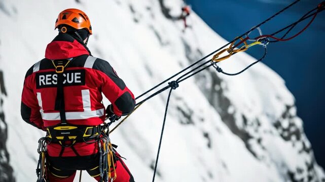 Mountain Rescue Specialist Performing High Angle Technical Rope Rescue in Snowy Winter Terrain