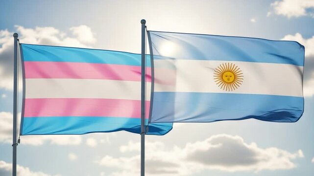 Transgender Pride Flag and Argentina National Flag Waving Together Against Blue Sky Background