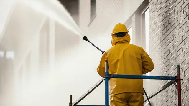 Professional worker in yellow protective suit pressure washing industrial brick facade on scaffolding