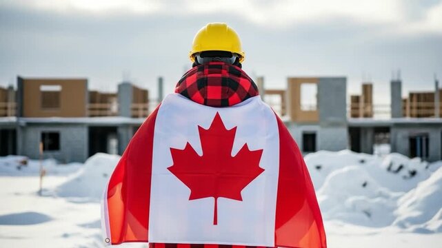 Canadian construction worker wearing hard hat and flag cape at snowy building site