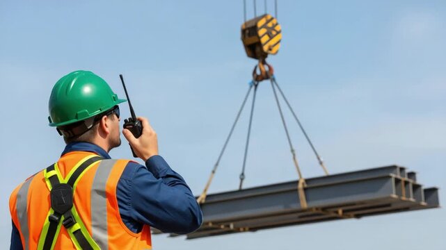 Professional Rigger Signaling Crane Operator with Radio while Lifting Heavy Steel Girders