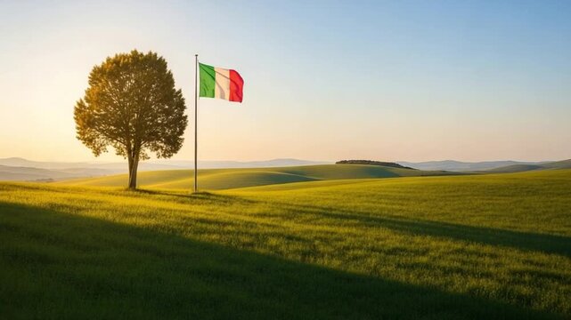 Italian flag waving on a flagpole next to a solitary tree in a rolling green countryside landscape at sunset