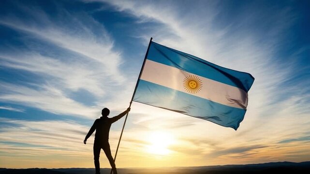 Silhouette of a young man holding an Argentine flag on a mountain peak at sunset representing national pride and success