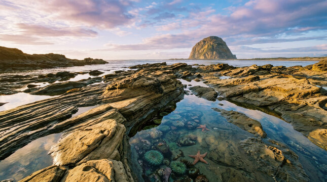 Coastal tide pools with starfish and sea anemones, rocky ocean shore at sunset, scenic marine landscape with volcanic rock formation