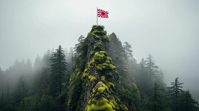 Cinematic mountain peak with mossy rocks and rising sun flag in misty forest landscape