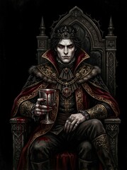 Obraz premium Dark Gothic Vampire King Sitting on an Ancient Throne Holding a Chalice.