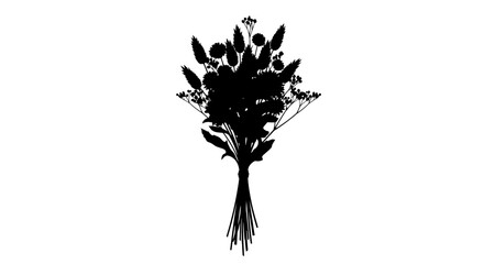 Bouquet of wildflowers stands as a detailed black silhouette isolated against a solid white background. © yanto