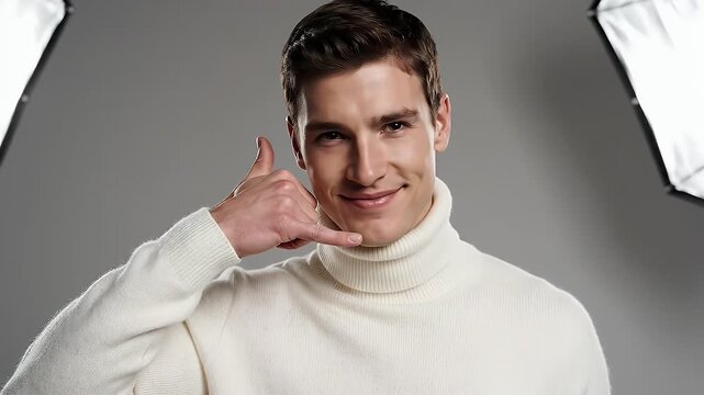 Young Man Gesturing Call Me Sign Wearing White Turtleneck Sweater Against Gray Background Studio Lighting