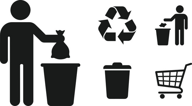 Waste management and recycling black silhouette icons set with garbage bin shopping cart vector illustration