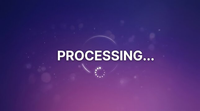 Processing text with loading circle on purple background processing progress buffering calculating computing