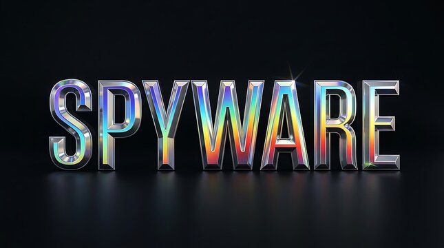 Spyware word art with colorful reflective letters computer security surveillance software internet technology.