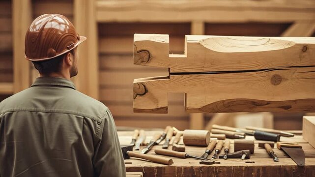 Professional craftsman examining intricate wood joinery for traditional timber frame construction