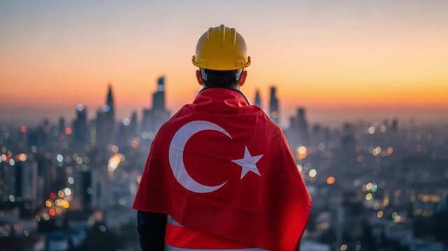 Male construction worker wearing yellow hard hat and Turkish flag cape looking at city skyline at sunset