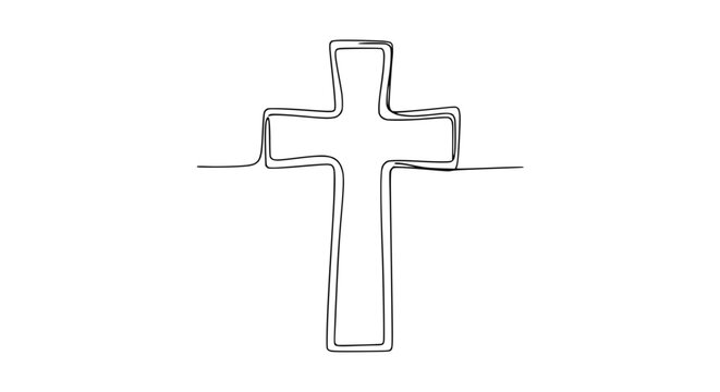 Continuous line drawing of a Christian cross symbol on a white background.
