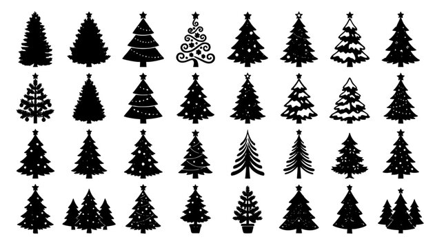 A clean minimal vector illustration set of Christmas and pine tree silhouettes displayed in a balanced composition on a solid white background. The collection includes pine trees, fir trees, spruce tr