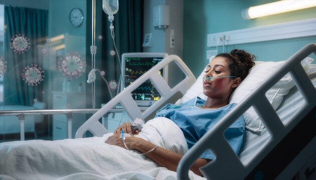 Sick patient surrounded by floating viruses in hospital bed. Suitable for medical and healthcarerelated designs needing a sense of illness and treatment.