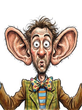 Cartoon man with large ears expressive face and colorful outfit