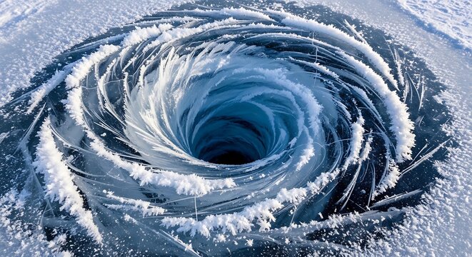 Frozen ice hole in winter landscape.