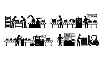 Fototapeta premium Factory production line silhouettes vector collection with assembly workers isolated on white