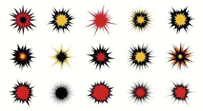 Collection of vibrant starburst and explosion graphic elements, dynamic and colorful designs.