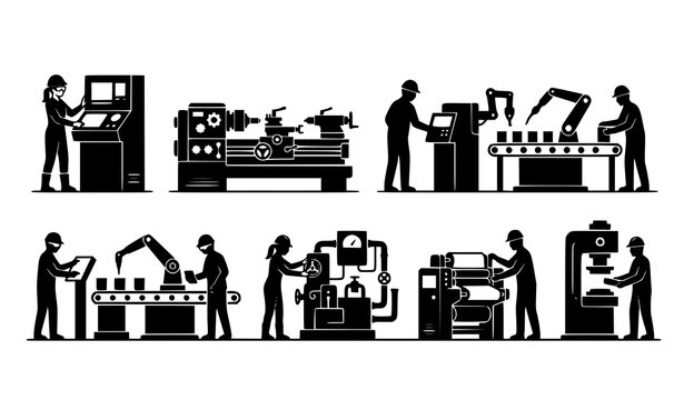 Industrial machine operator silhouettes vector collection with factory workers isolated on white