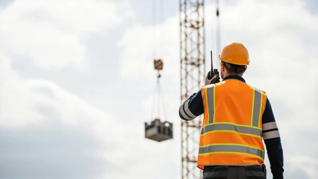 Professional Male Rigger Using Radio to Signal Tower Crane Operator at Construction Site