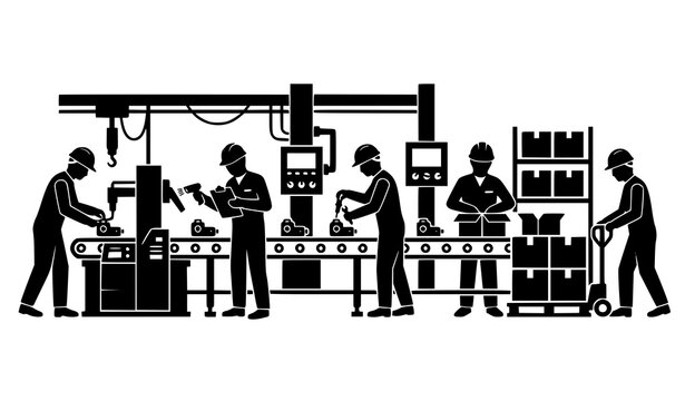 Manufacturing production line silhouette vector with factory workers assembling products isolated on white background