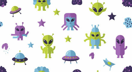 Colorful alien characters and UFOs in a playful, whimsical pattern design. © Faiz