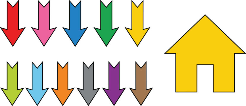 Colorful downward pointing arrows set with simple yellow house icon flat vector graphic illustration