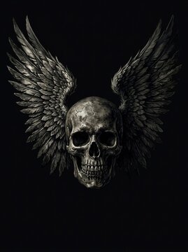 Dramatic winged human skull on black background.