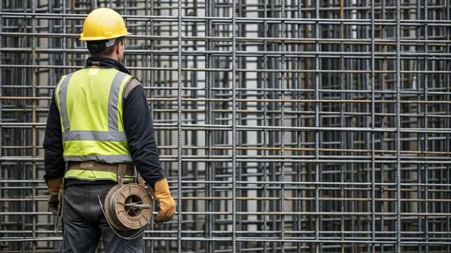 Male Steel Fixer Inspecting Rebar Cage on Construction Site