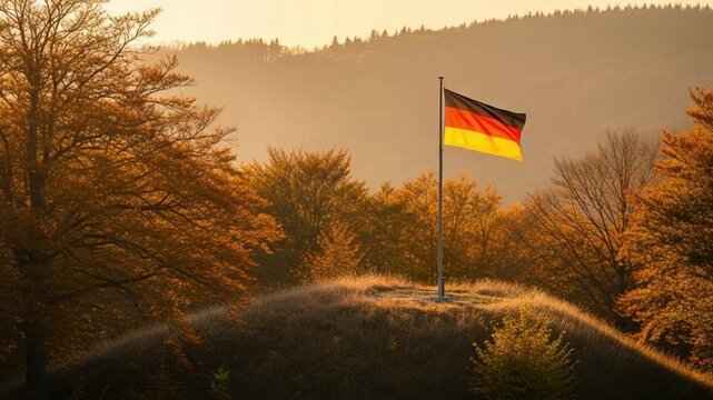German flag waving on a grassy hill in an autumn forest landscape at sunset with golden light