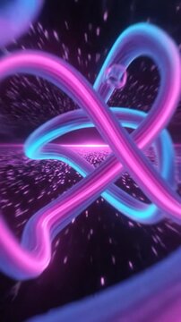 Abstract flowing neon ribbons with floating geometric shapes in dark space