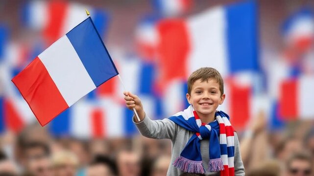 Young Caucasian Boy Waving French Flag Celebrating Victory in a Crowd of Supporters