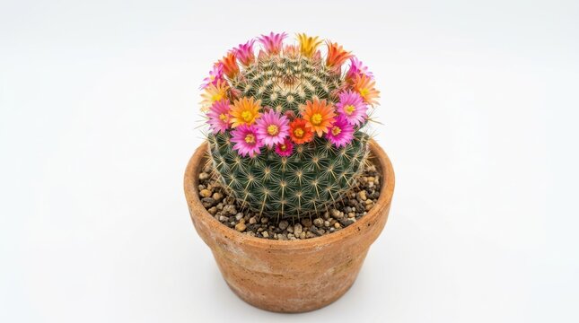 Blooming cactus with pink and orange flowers in terracotta pot, flowering succulent plant on white background, decorative desert houseplant