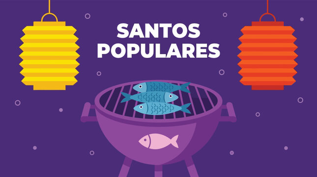 Traditional Portuguese Popular Saints Festival Illustration with Grilled Sardines on Barbecue and Colorful Lanterns for Summer Celebration