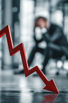 Dramatic visualization of a stock market crash with a red falling arrow in focus and a worried businessman in the background. Economic recession and loss.