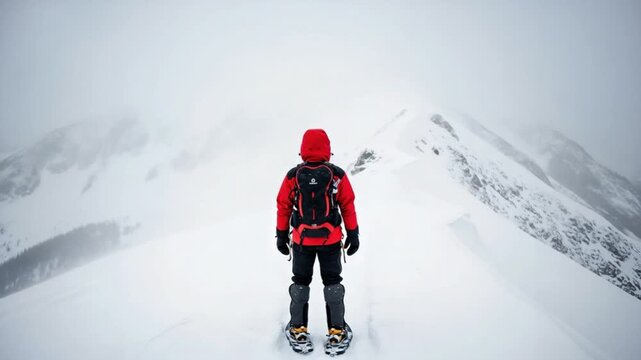 Solo male mountaineer in red jacket standing on snowy mountain ridge during winter whiteout