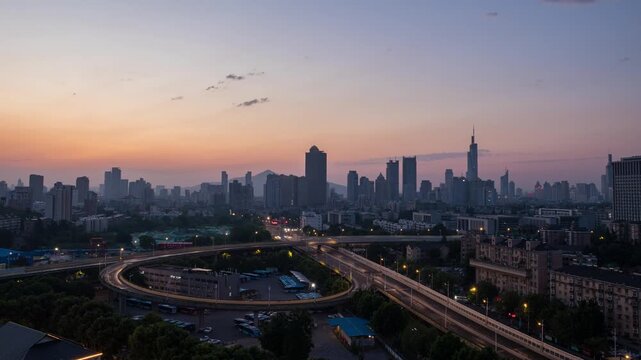 Nanjing Sunset Skyline with Elevated Highways in Nanjing, China