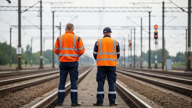 Male railway maintenance crew in high visibility vests inspecting tracks for infrastructure safety